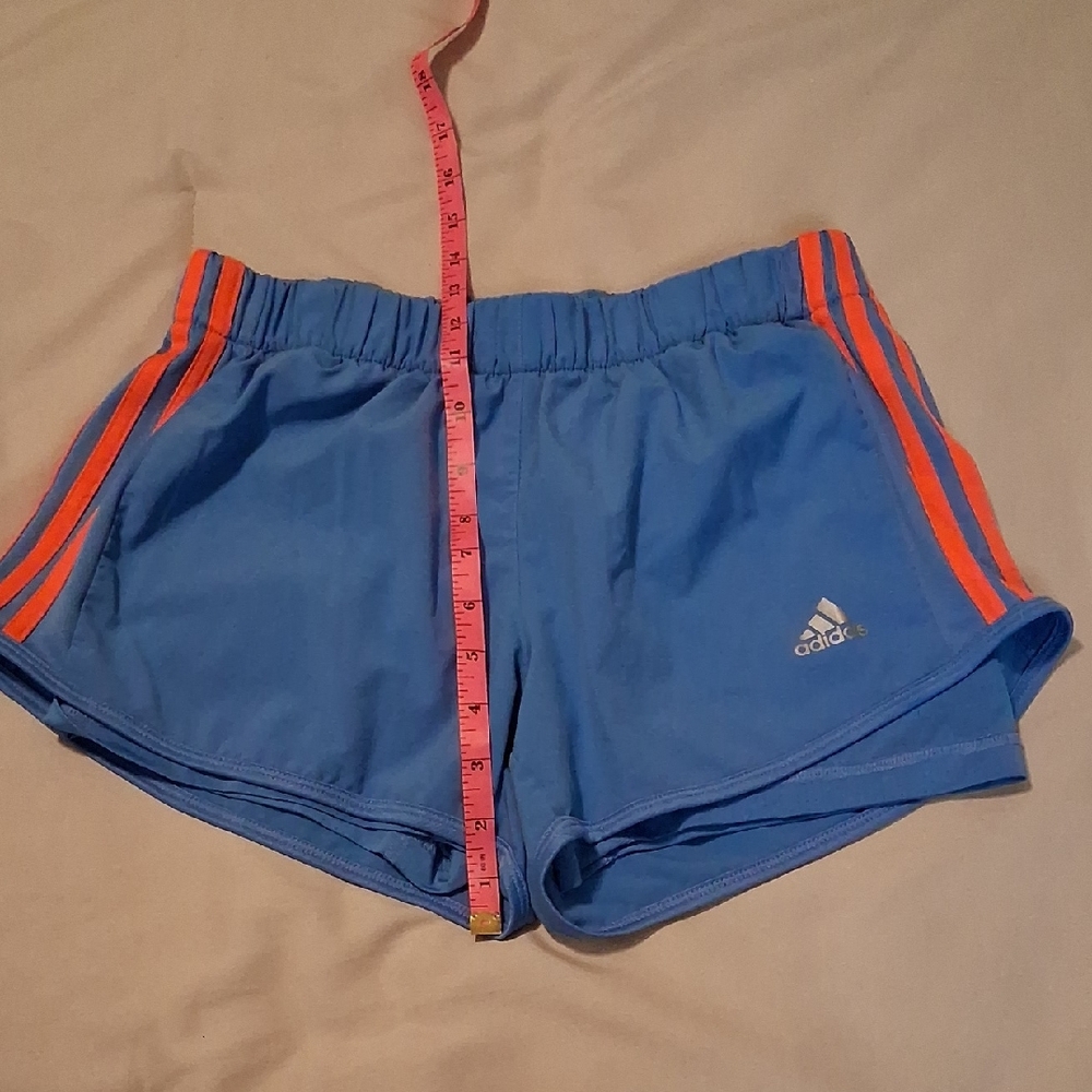 Adidas Women's Athletic Shorts in Sky Blue with Pink Accents, Small